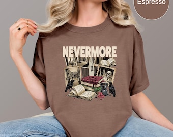 Nevermore Shirt, Dark Academia Bookish Tee, Vintage Raven Reader Shirt, Neutral Literary Halloween Shirt, Comfort Colors, Bookish Halloween