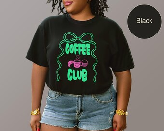 Coffee Club Shirt, Coquette Coffee Lover Tee in Pink & Green, Gift for Caffeine Addicts, Coffee Shirt, Comfort Colors, Coffee Lover Gift