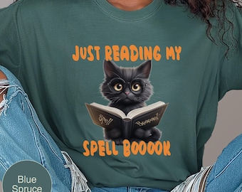 Cute Black Cat Halloween Shirt, Bookish Halloween Tee, Comfort Colors, Book Lover Shirt, Cats and Books and Cats, Gift for Cat Lovers