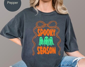 Spooky Season Ghost Shirt, Cute Halloween Tee, Coquette Halloween Shirt on Comfort Colors Neutral Palette, Ghost Shirt, Gift for Teacher