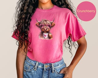 Cute Highland Cow Coffee Lover Shirt, Highland Cow Shirt, Funny Cow Shirt, Cow with Coffee, Cow Holding Coffee, Coffee Shirt, Comfort Colors
