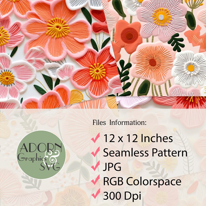 Pode incluir: Um padr&atilde;o sem costura que apresenta um design repetitivo de flores rosa, laranja e brancas com centros amarelos. O padr&atilde;o mede 12 polegadas por 12 polegadas e est&aacute; dispon&iacute;vel no formato JPG. O arquivo &eacute; de 300 DPI e usa um espa&ccedil;o de cores RGB.