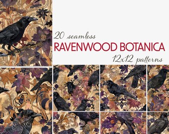 Motivi senza soluzione di continuità Ravenwood Botanica, corvi gotici e botanici autunnali, sfondi 12x12 per diari spazzatura, sublimazione, artigianato in tessuto