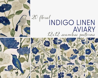 Blue Bird Floral Digital Papers, 20 Seamless 12x12 Patterns, Indigo and Sage Linen Botanicals for Journals, Fabric, Wallpaper