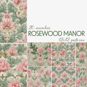 Rosewood Manor Seamless Floral Patterns, Vintage Pink & Green Digital Paper Pack do Junk Journals, tapet, kartek, zestawów do projektowania tekstyliów