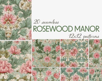 Rosewood Manor Seamless Floral Patterns, Vintage Pink & Green Digital Paper Pack for Junk Journals, Wallpaper, Cards, Textile Design Set