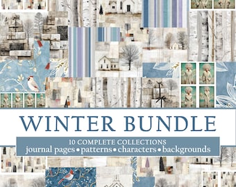 Winter Paper Bundle • 10 Collections of Snowy Patterns, Rustic Backgrounds & Winter Characters for Junk Journals, Scrapbooking, Collage