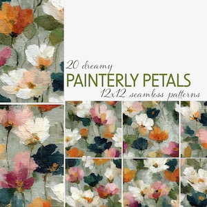 A collection of 20 seamless 12x12 digital floral patterns titled Painterly Petals, featuring expressive brushstroke textures with layered petals in orange, pink, white, and green on painterly backdrops. Perfect for junk journals, scrapbooks, fabric crafts, sublimation, collage, gift wrap, and digital design projects. Instant download in high-resolution JPG format.