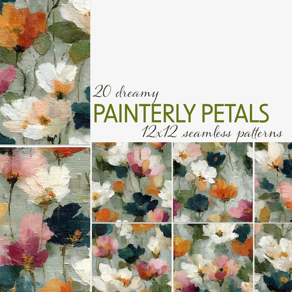 Painterly Petals Seamless Digital Papers – 20 Painted Floral Patterns, 12x12 Brushstroke Textures for Scrapbooking
