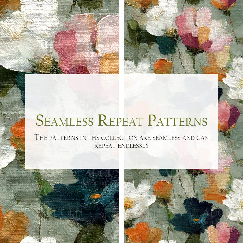 A collection of 20 seamless 12x12 digital floral patterns titled Painterly Petals, featuring expressive brushstroke textures with layered petals in orange, pink, white, and green on painterly backdrops. Perfect for junk journals, scrapbooks, fabric crafts, sublimation, collage, gift wrap, and digital design projects. Instant download in high-resolution JPG format.