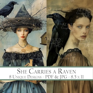 Elle porte un corbeau, Pages de journal pour oiseaux indésirables, documents éphémères numériques, scrapbooking, fabrication de cartes, fournitures pour carnets d'art, femmes surréalistes, cartes ATC