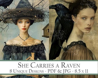 She Carries a Raven, Bird Junk Journal Pages, Digital Ephemera, Scrapbook, Card Making, Art Journal Supplies, Surreal Women, ATC Cards