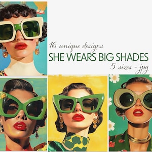 Impressions d'art mode rétro pour carnets indésirables, femmes dans de grandes lunettes de soleil éphémères imprimables, 16 images numériques de scrapbooking et collage en 5 tailles