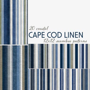 Könnte beinhalten: Eine Sammlung von 20 Küsten-Cape Cod Linen 12x12 nahtlosen Mustern. Die Muster zeigen vertikale Streifen in Blau-, Weiß- und Grautönen. Das Bild zeigt verschiedene Anordnungen der gestreiften Designs.