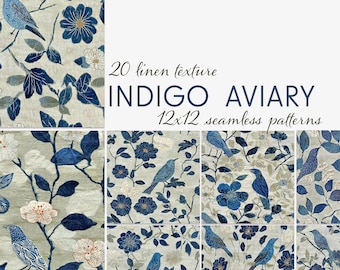 Indigo Bird Floral Seamless Patterns, 12x12 Linen Texture Blue Botanical Aviary Designs
