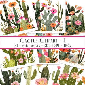 Éphémères de cactus, clipart cactus, paysages désertiques, lot de succulentes images clipart, illustration de cactus en fleurs, journal indésirable, publicité