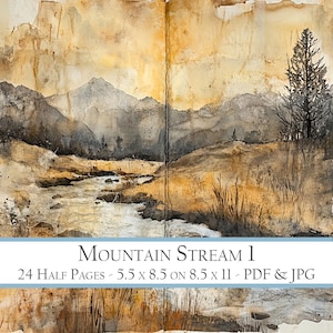 Puede incluir: Una pintura de acuarela de un arroyo de montaña que fluye a través de un valle. La pintura está hecha en tonos de marrón, amarillo y gris, con un toque de azul en el cielo. La pintura se titula "Mountain Stream 1" e incluye el texto "24 Half Pages - 5.5 x 8.5 on 8.5 x 11 - PDF & JPG".