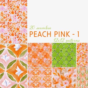 Könnte beinhalten: Eine Sammlung von 20 nahtlosen "Peach Pink - 1" 12x12 Mustern. Die Muster zeigen Aquarell-Blumen- und geometrische Designs in Pfirsich-, Rosa-, Orange-, Grün- und Weißtönen. Das Bild enthält den Text "20 seamless PEACH PINK - 1 12x12 patterns."