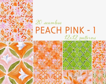Peach Pink Seamless Pattern Set, 20 Floral & Geometric Digital Papers for Scrapbooking, Fabric Design, Journals, 12x12 JPG, Card Making