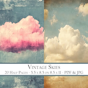 May include: A digital collage of 20 vintage sky backgrounds with clouds in shades of pink, white, and blue. The images are 5.5 inches by 8.5 inches and are available in PDF and JPG formats.  The text "VINTAGE SKIES" is printed in white on a gray bar at the bottom of the image.
