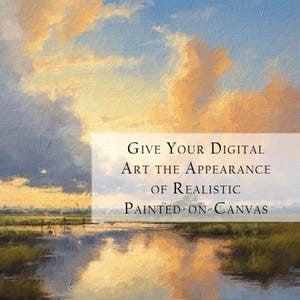 Pode incluir: Uma pintura digital de um p&ocirc;r do sol sobre um rio com uma margem gramada. O texto "Give Your Digital Art the Appearance of Realistic Painted-on-Canvas" est&aacute; sobreposto &agrave; imagem.