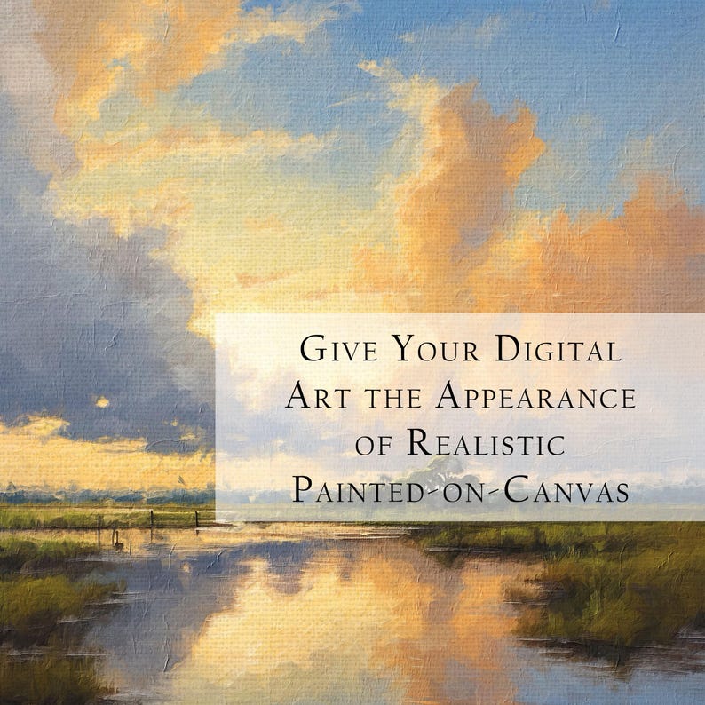 Pode incluir: Uma pintura digital de um p&ocirc;r do sol sobre um rio com uma margem gramada. O texto "Give Your Digital Art the Appearance of Realistic Painted-on-Canvas" est&aacute; sobreposto &agrave; imagem.