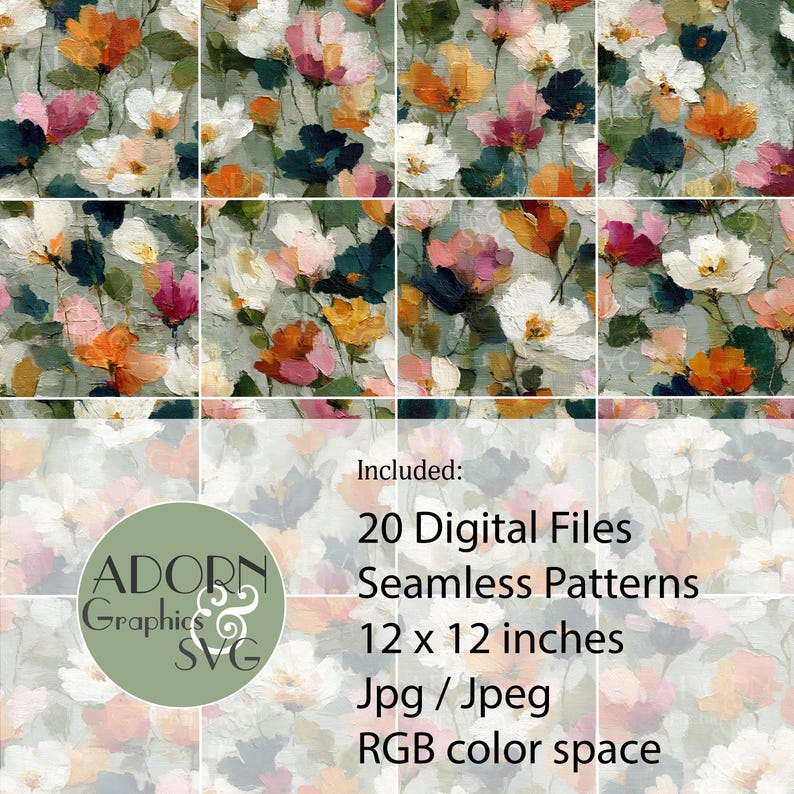 A collection of 20 seamless 12x12 digital floral patterns titled Painterly Petals, featuring expressive brushstroke textures with layered petals in orange, pink, white, and green on painterly backdrops. Perfect for junk journals, scrapbooks, fabric crafts, sublimation, collage, gift wrap, and digital design projects. Instant download in high-resolution JPG format.