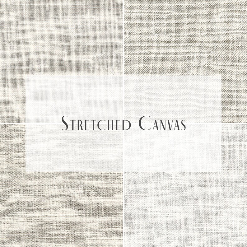Pode incluir: Um close-up de quatro tipos diferentes de tecido de tela esticada. A tela &eacute; de cor bege claro e tem uma textura tecida. O texto "STRETCHED CANVAS" &eacute; impresso no centro da imagem.