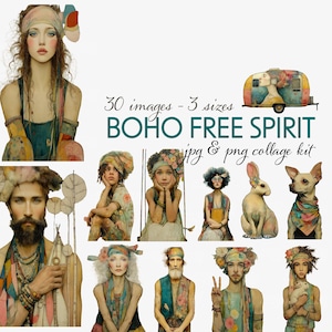 Kit de Colagem Boho Free Spirit – 30 Imagens Clipart em 3 Tamanhos + 10 Fundos para Diários de Junk, Criação de Cartões, ATCs, Mídias Mistas, Projetos de Arte