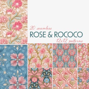 以下が含まれることがあります： 20種類のシームレスなRose & Rococo 12x12パターン。ピンク、ブルー、クリーム色の花柄デザイン。ヴィンテージ感のある、様々な花と葉のモチーフが特徴です。