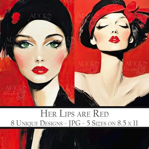 Elle a les lèvres rouges, pages de carnet pour la Saint-Valentin, éphémères numériques pour le scrapbooking, fabrication de cartes et carnets d'art, cartes ATC mode femme
