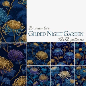 Op de afbeelding: Een verzameling van 20 naadloze "Gilded Night Garden" patronen, elk 30,48 cm x 30,48 cm. De ontwerpen tonen gedetailleerde bloemarrangementen met gouden, blauwe en paarse chrysanten op een donkerblauwe achtergrond. De tekst luidt "20 seamless GILDED NIGHT GARDEN 12x12 patterns."