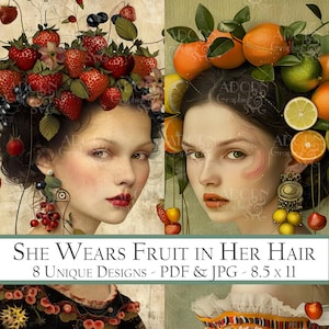 Ela usa frutas no cabelo, páginas de diário de lixo de frutas, coisas efêmeras digitais, scrapbooking, criação de cartões e diários de arte, mulheres surreais, cartões ATC