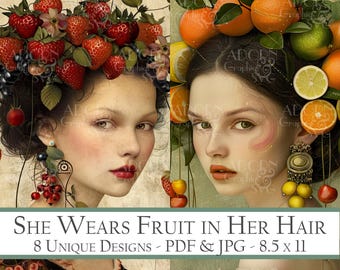 Ela usa frutas no cabelo, páginas de diário de lixo de frutas, coisas efêmeras digitais, scrapbooking, criação de cartões e diários de arte, mulheres surreais, cartões ATC