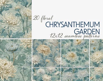 Chrysanthemum Digital Papers, 20 Seamless 12x12 Floral Patterns, Soft Blue and Ivory Botanical Backgrounds