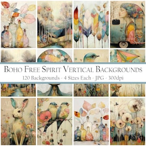 Fundos digitais Boho Free Spirit, 36 papéis imprimíveis para diários de recortes, scrapbooking, colagens, cartões, decoupage e projetos de arte