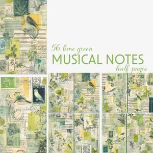 Lime Green Musical Notes, Junk Journal Pages, Background Papers, Scrapbooking Supplies, Scrapbook Pages, Collage, Decoupage, Wallpaper Art
