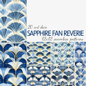 May include: A collection of art deco patterns in shades of blue and gold. The patterns feature fan-shaped designs, with the text "20 art deco SAPPHIRE FAN REVERIE 12x12 seamless patterns" overlaid on the image. The patterns are suitable for various design projects.