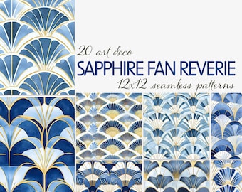 Art Deco Seamless Patterns – Blue & Gold Fan Designs, 12x12 Digital Papers for Junk Journals, Fabric, Wallpaper