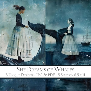 She Dreams of Whales Digital Art Prints, Ocean Fantasy Junk Journal Pages, Nautical Scrapbook Ephemera, Whale Collage Art, Vintage Seascapes