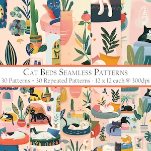 Puede incluir: Un conjunto de 30 patrones digitales sin costuras que presentan gatos durmiendo en camas, con un fondo rosa y plantas coloridas. Los patrones son de 30,48 cm por 30,48 cm y 300 ppp.