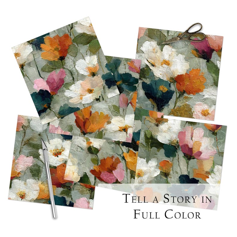A collection of 20 seamless 12x12 digital floral patterns titled Painterly Petals, featuring expressive brushstroke textures with layered petals in orange, pink, white, and green on painterly backdrops. Perfect for junk journals, scrapbooks, fabric crafts, sublimation, collage, gift wrap, and digital design projects. Instant download in high-resolution JPG format.