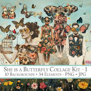 Elle est un papillon, collection de collages fantaisistes, art surréaliste pour Junk Journal, 10 décors, 34 éléments PNG JPG clipart, graphique imprimable