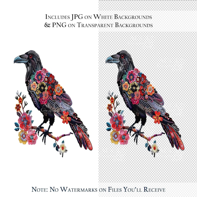 Pode incluir: Um corvo preto com flores coloridas e padr&otilde;es intrincados em suas penas, empoleirado em um galho com flores rosa e brancas. O corvo est&aacute; em um fundo branco.  INCLUDES JPG ON WHITE BACKGROUNDS & PNG ON TRANSPARENT BACKGROUNDS. NOTE: NO WATERMARKS ON FILES YOU'LL RECEIVE.