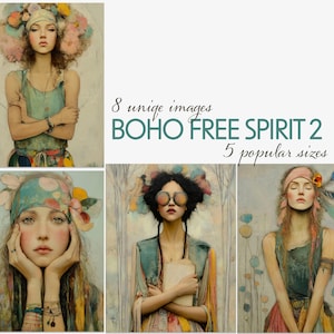 Pacote de personagens Boho Free Spirit 2 – 8 mulheres imprimíveis em 5 tamanhos para diários de sucata, colagens, ATCs, mídias mistas, diários de arte e criação de cartões
