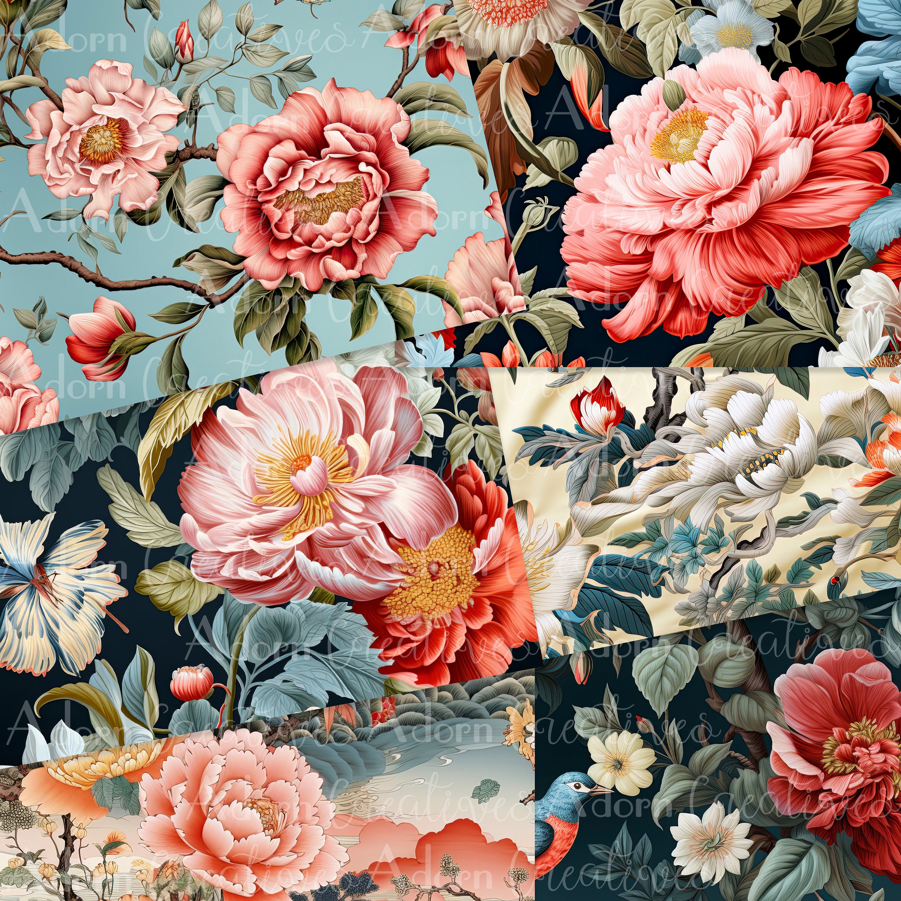 Vintage Chinoiserie Floral Paper Pack, Scrapbooking, Junk Journal ...