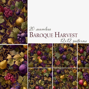 May include: A collection of 20 seamless Baroque Harvest patterns, each 12x12 inches. The designs feature a dark background with illustrations of grapes, figs, pears, and foliage in shades of purple, gold, and green.