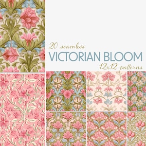 Victorian Bloom Seamless Pattern Pack – 20 Vintage Floral Digital Papers for Scrapbooking, Journals, Fabric, Cards, 12x12 JPG Download