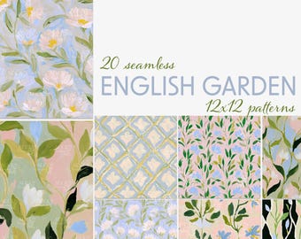 English Garden Floral Pattern Pack – 20 Seamless Pastel Digital Papers for Scrapbooking, Journals, Cards, Fabric, 12x12 JPG Download