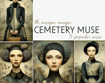 Könnte beinhalten: Eine Sammlung digitaler Kunstdrucke mit dem Titel "Cemetery Muse", die Porträts von Frauen mit gothischer Ästhetik zeigt. Die Bilder haben eine gedämpfte Farbpalette und enthalten den Text "16 einzigartige Bilder" und "5 beliebte Größen".